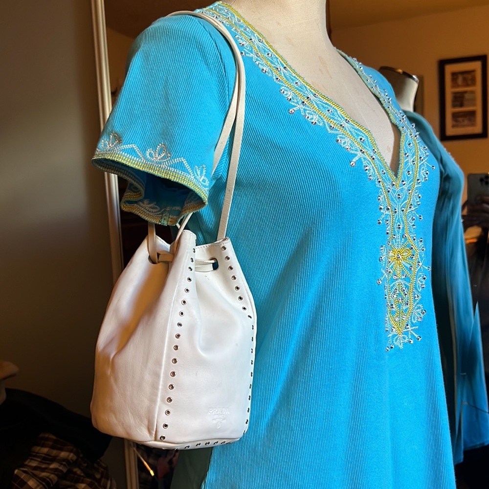 Prada mini drawstring white leather with dust bag